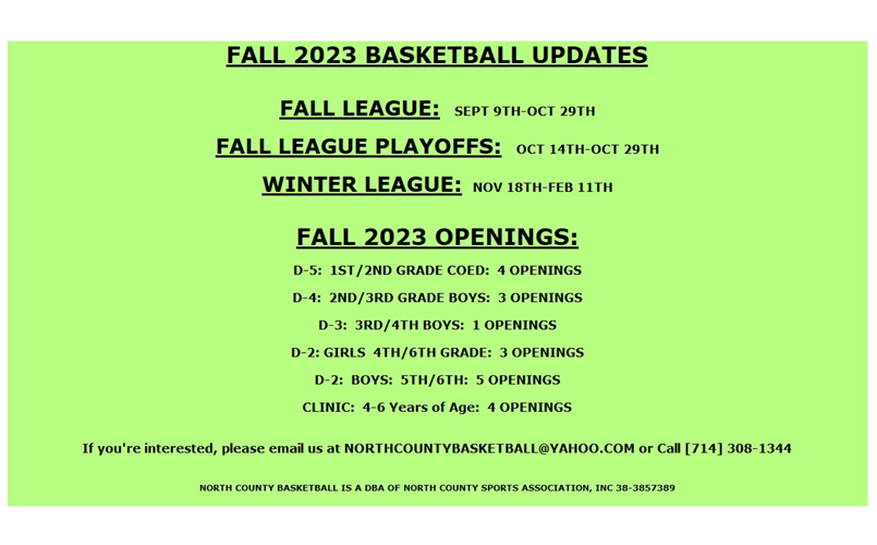 FALL 2023 BASKETBALL LEAGUE UPDATES