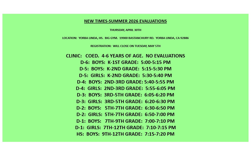 NEW TIMES-SUMMER 2026 BASKETBALL EVALUATIONS